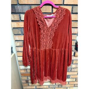 Rusttydustty Velvet Lace Trim Babydoll Dress Rust Orange 3XL